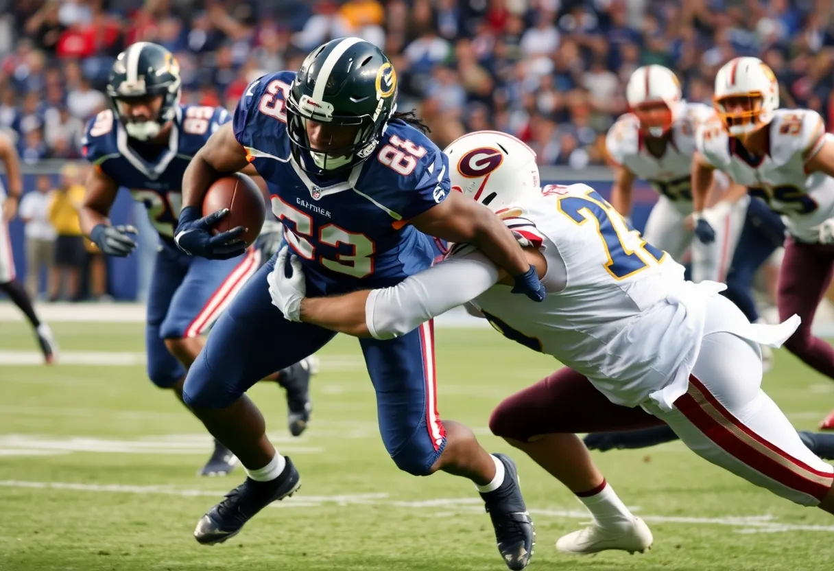 Cashius Howell performing a tackle during football game