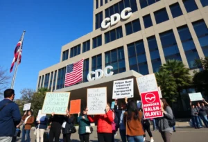 Protesters rally outside the CDC headquarters advocating for public health transparency.