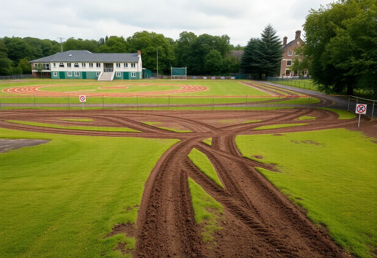 A damaged sports field at A&M Consolidated Middle School with restricted access signage.