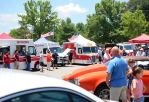 Community members enjoying food trucks and a car show at the Back the Badges fundraiser in College Station.