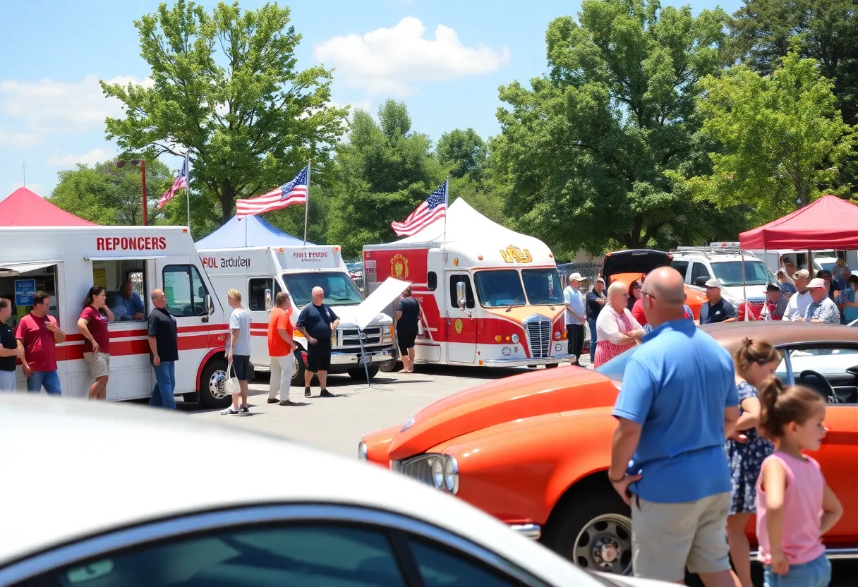 Community members enjoying food trucks and a car show at the Back the Badges fundraiser in College Station.