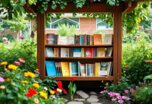 Book nook for hospital patients surrounded by greenery.