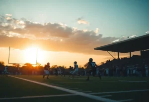 Action shot of College Station football team playing a game under the sunset.