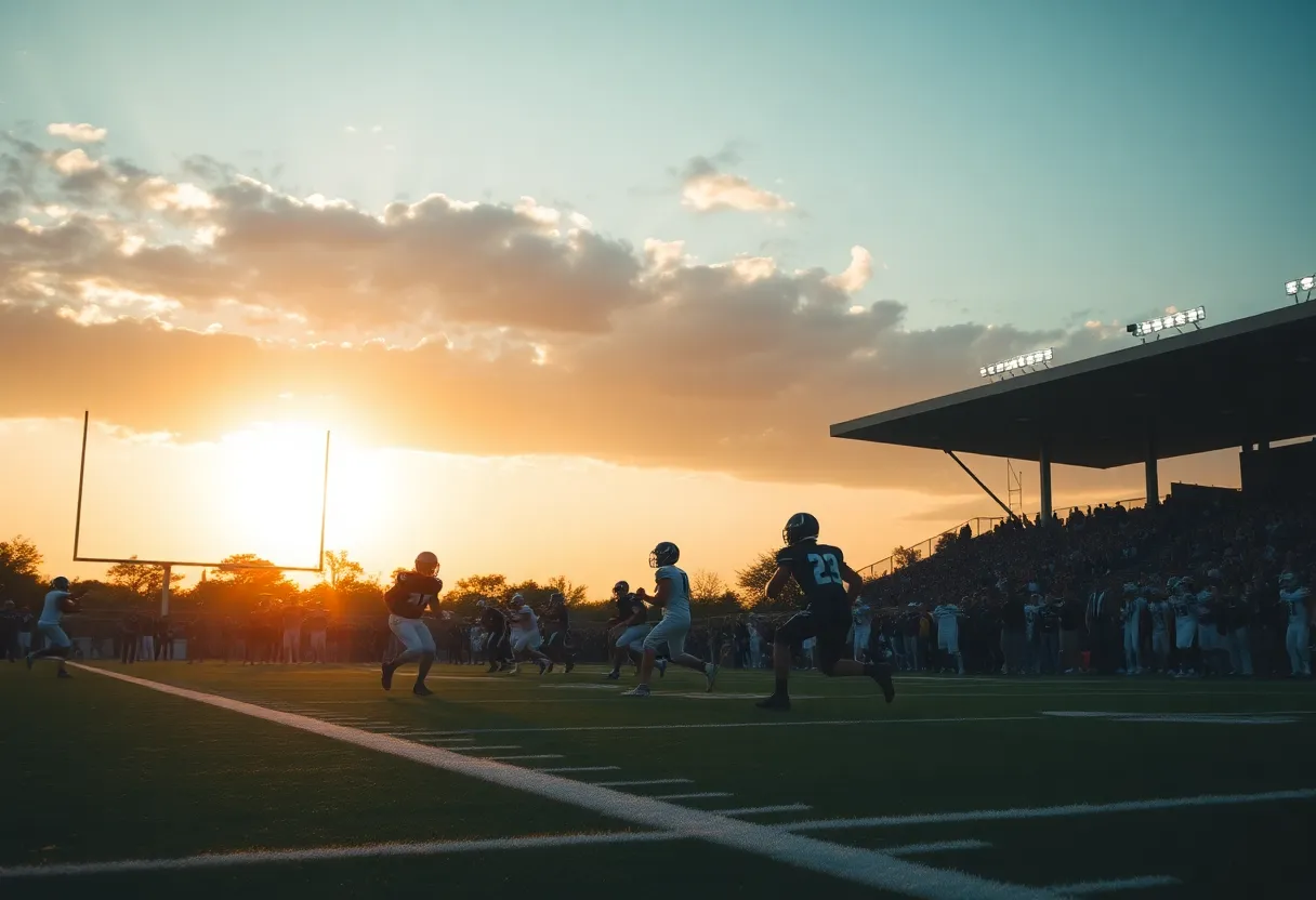 Action shot of College Station football team playing a game under the sunset.