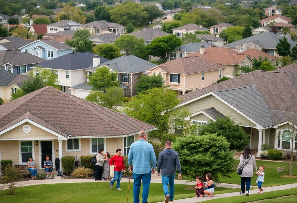 Neighborhood scene in College Station with homes and diverse residents.