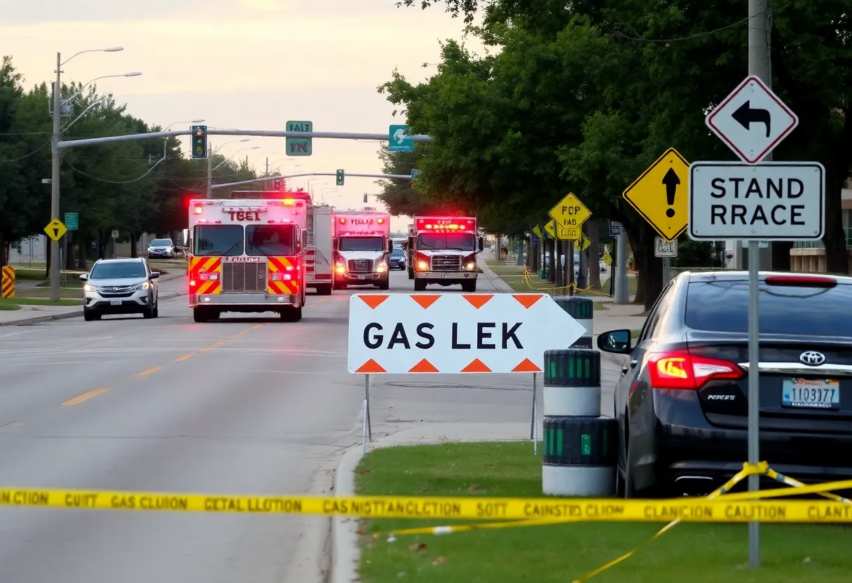 Emergency response vehicles at the site of a gas leak in College Station, Texas.