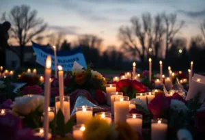 Memorial vigil for a tragic loss with candles and flowers.