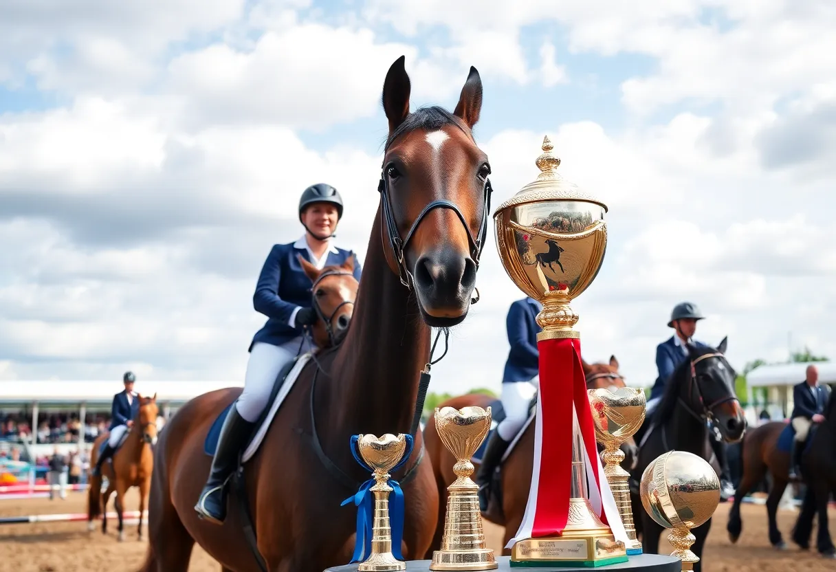 Equestrian competition showcasing awards and horses