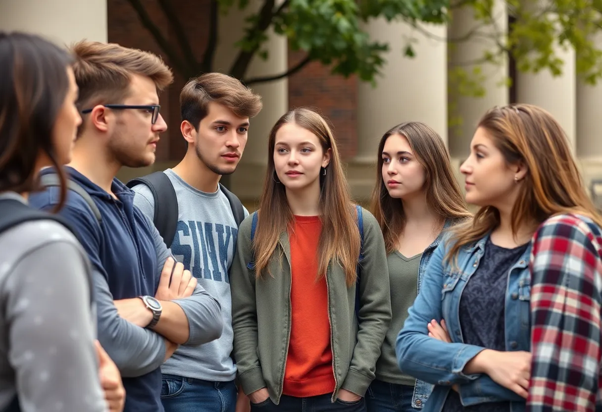 College students discussing fraternity hazing incident with serious expressions