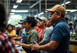 Workers at a factory during an immigration enforcement raid