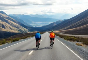 Two cyclists on a scenic route representing their charity bike ride experience.