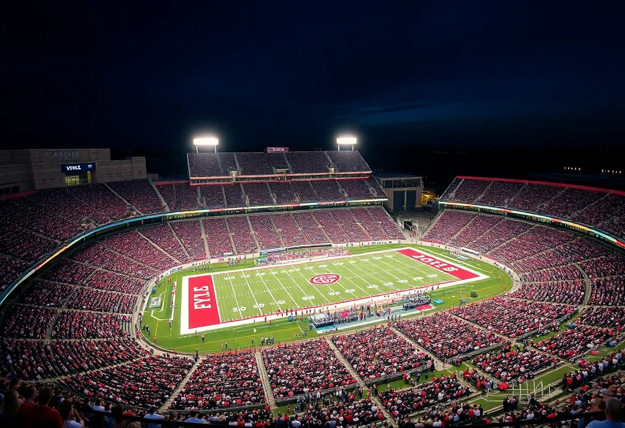 A vibrant night game at Kyle Field featuring college football fans and stadium lights