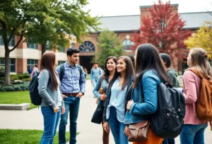 Students discussing on Texas A&M University campus