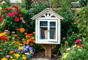 Lending library in a garden setting with books accessible to visitors.