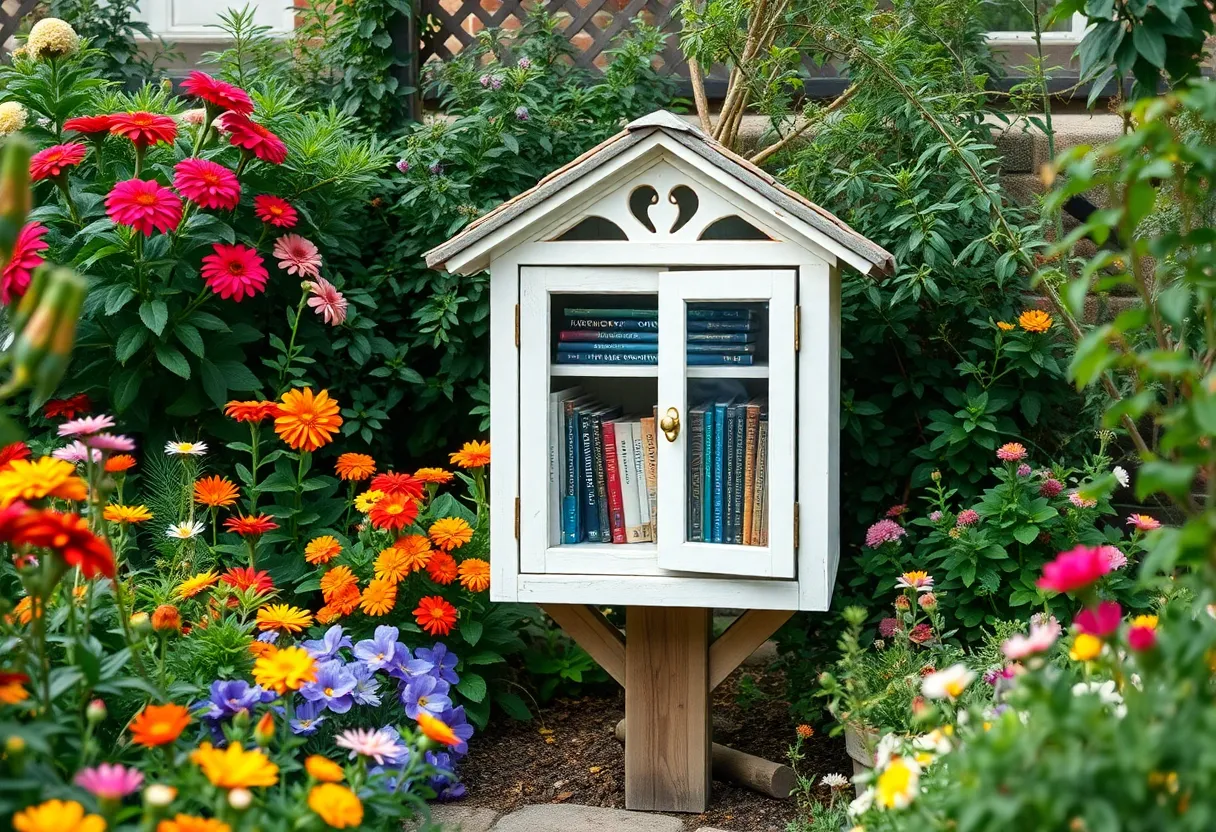 Lending library in a garden setting with books accessible to visitors.