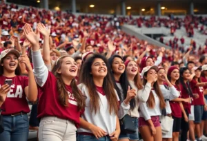 Texas A&M students cheering during Midnight Yell