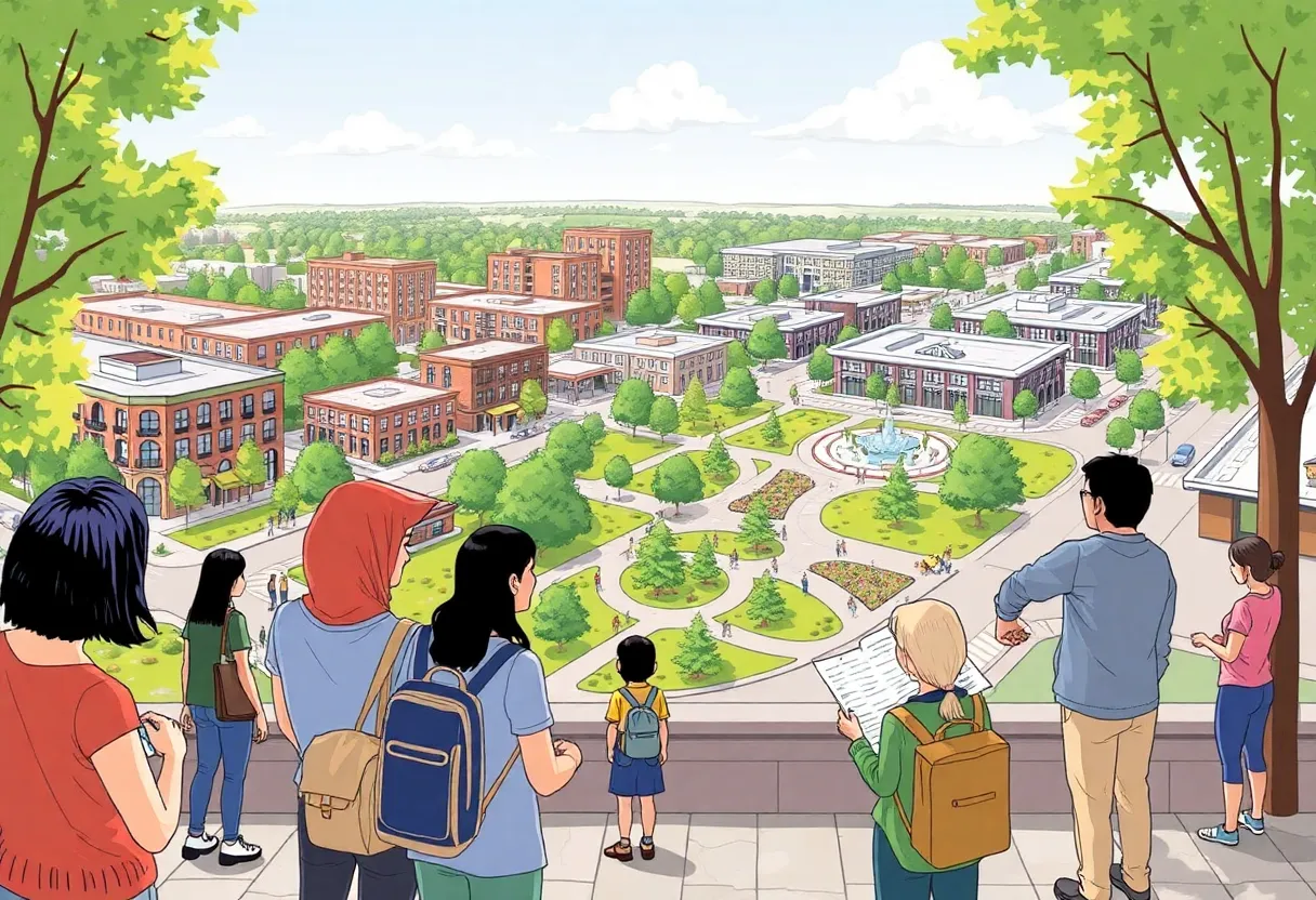 Illustration of Midtown small area plan with community members discussing development.