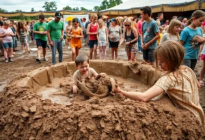 Families participating in Mud Day activities at College Station.
