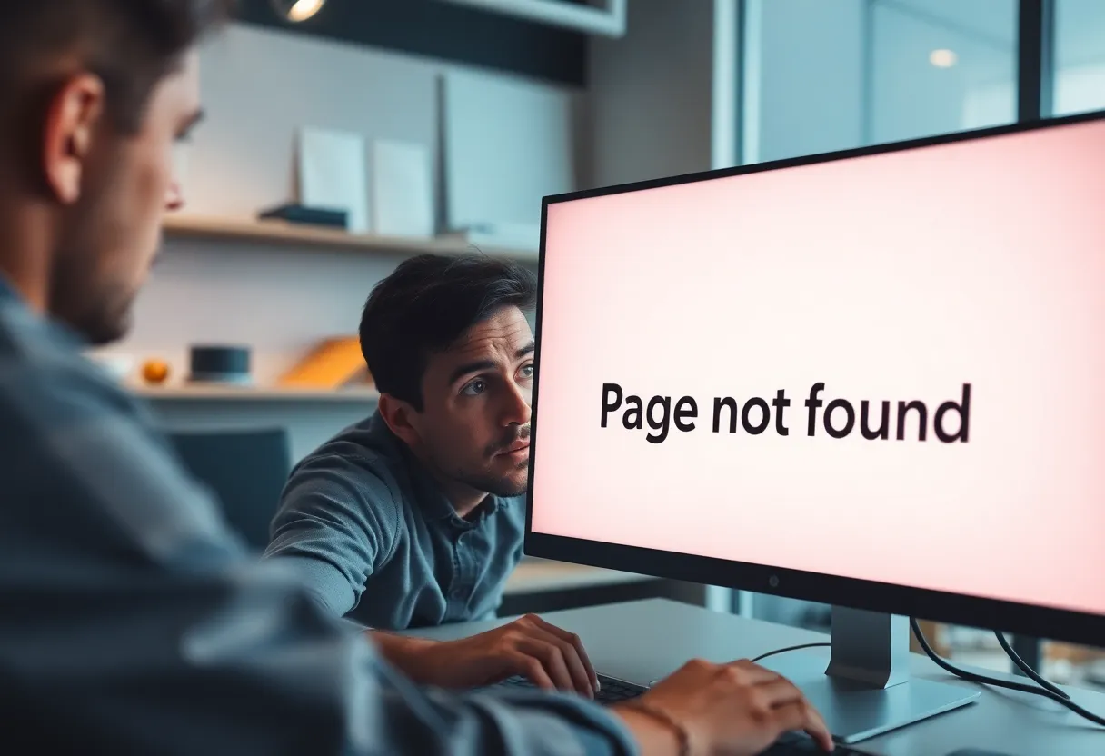 Illustration of a confused user encountering a 'Page Not Found' error on a computer.