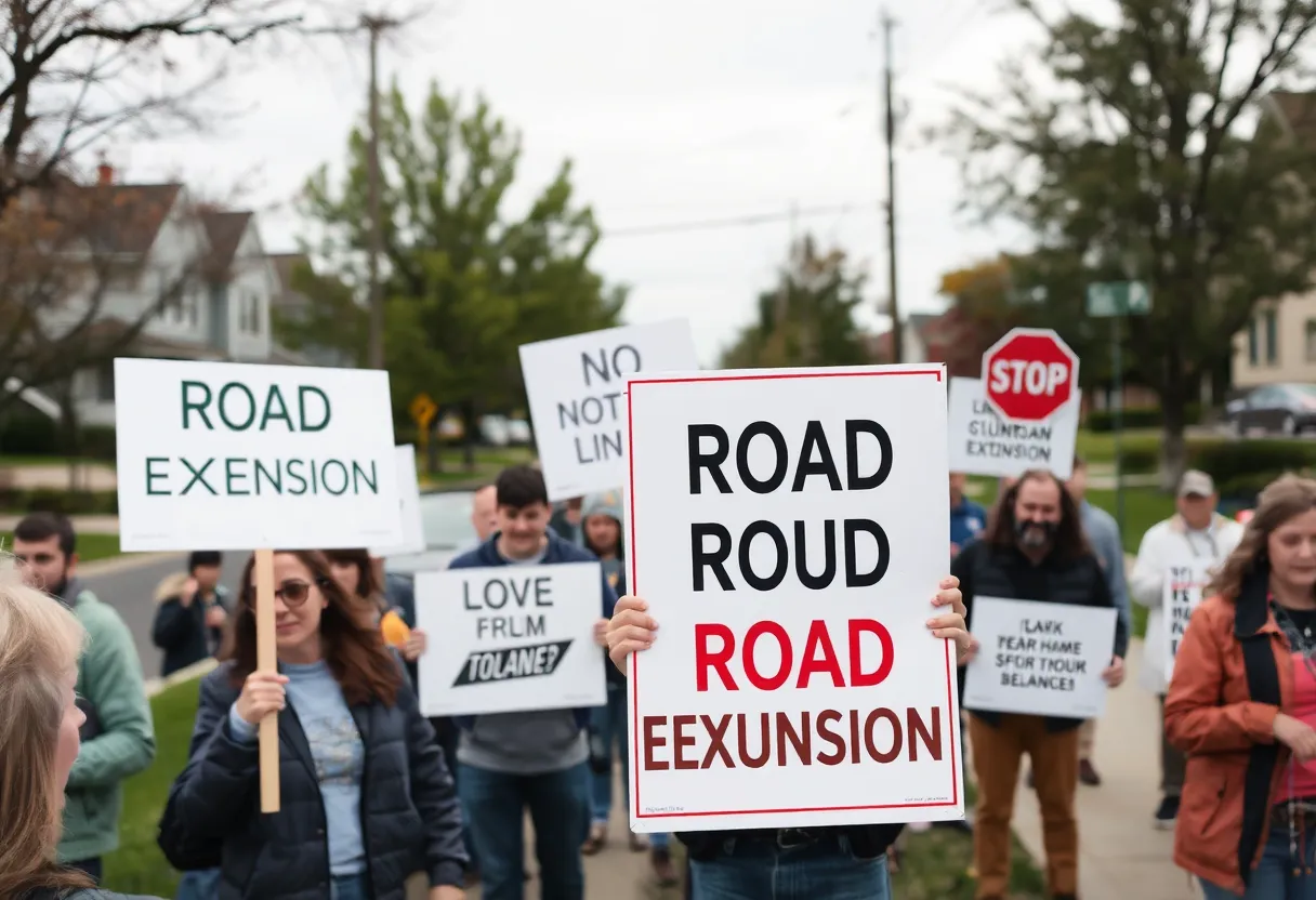 Community members gather to oppose the Pebble Creek Parkway extension.