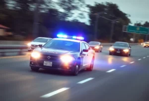 Police vehicle and spike strips at the scene of the chase