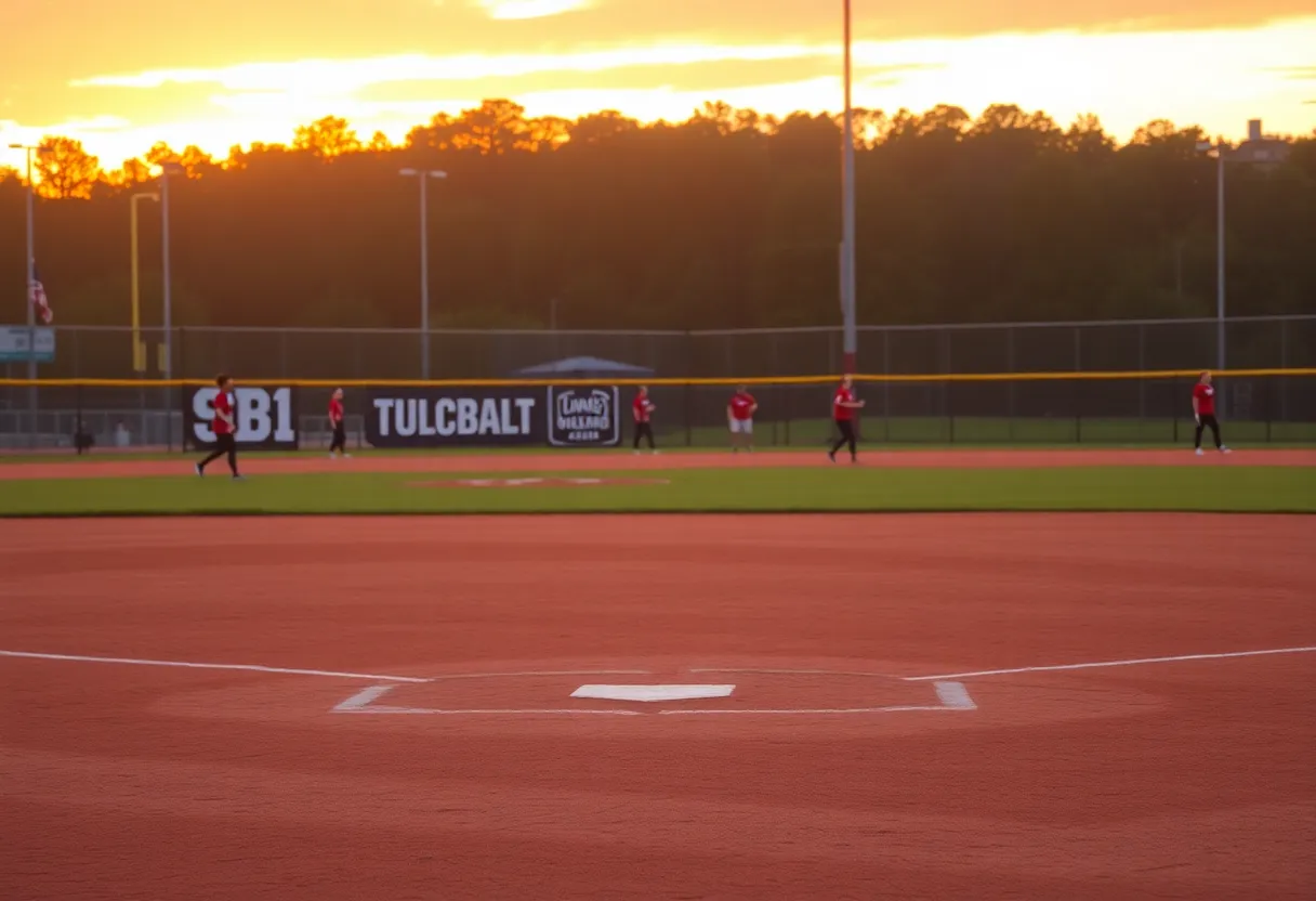 College softball players practicing on the field during sunset