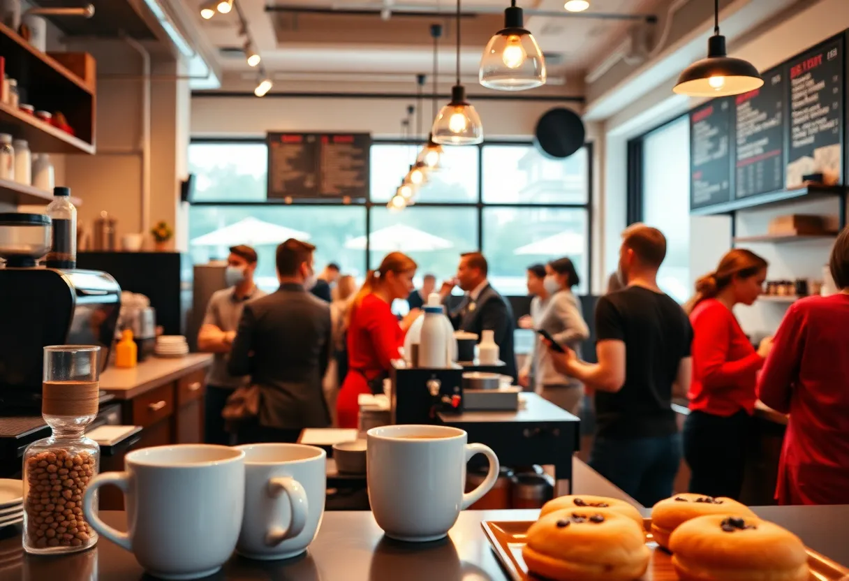 A lively Starbucks coffee shop with baristas and customers enjoying their drinks
