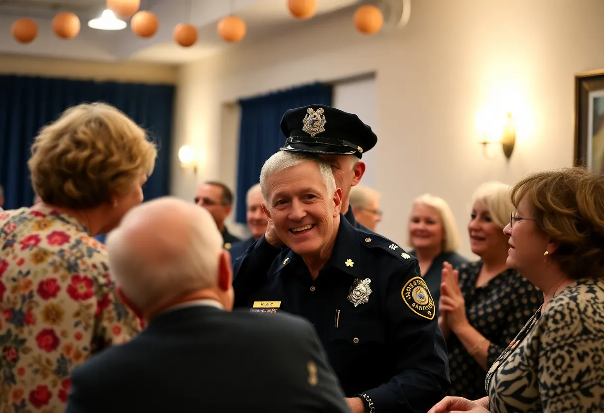 Attendees at the retirement celebration for Lieutenant Steve Brock sharing memories