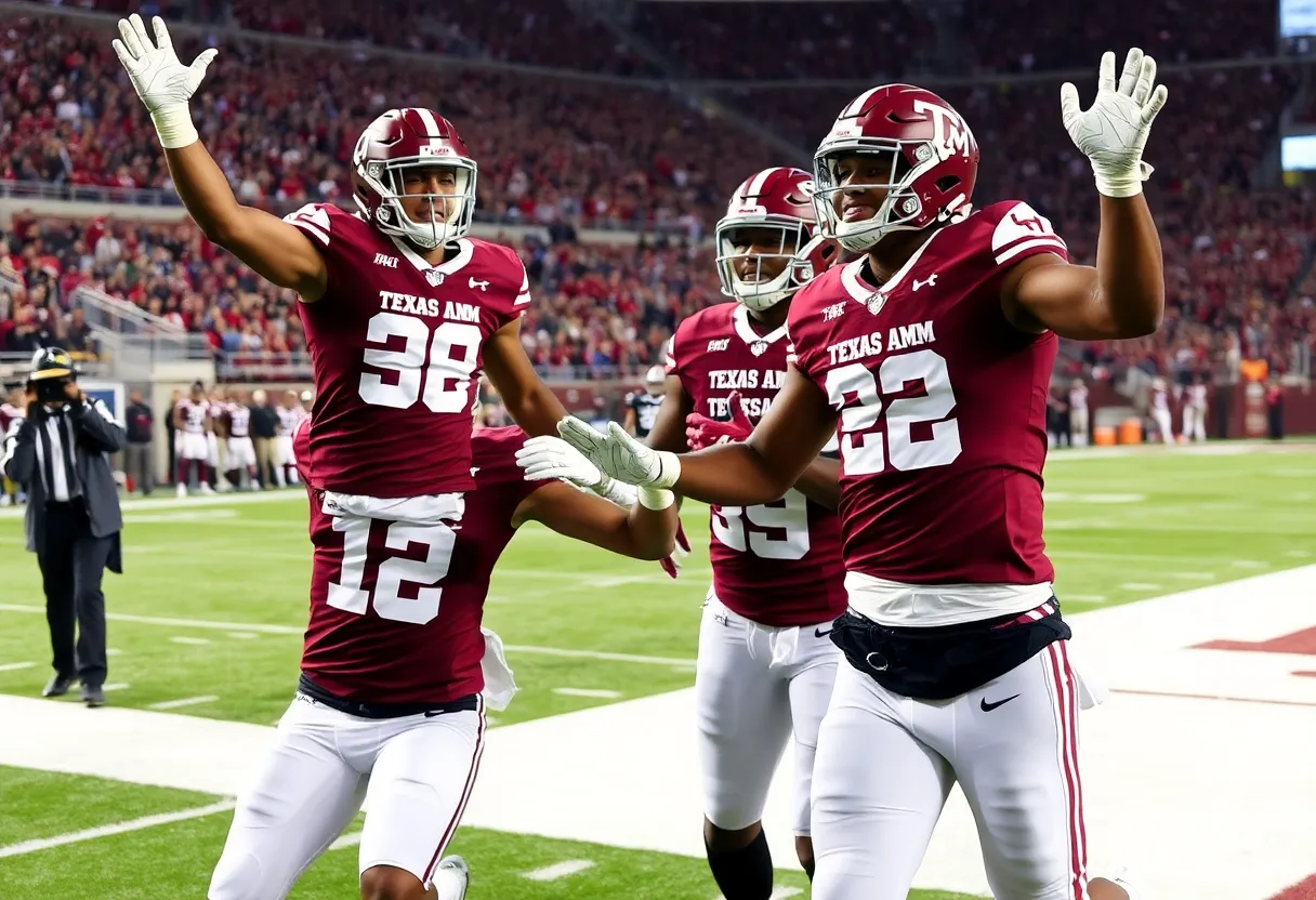 Texas A&M Aggies players celebrating after a touchdown in a football game.