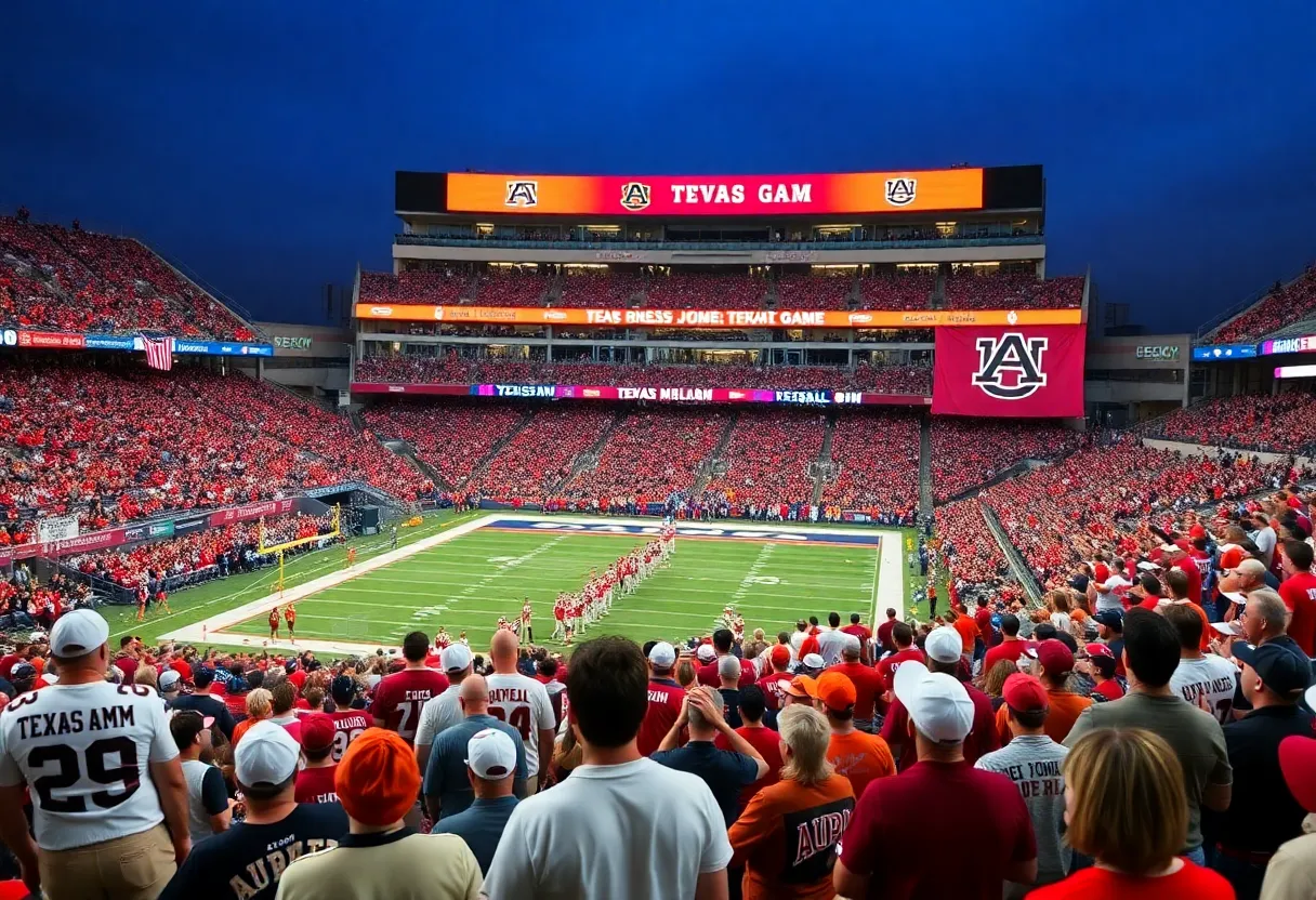 Fans in a stadium during Texas A&M vs Auburn football game.