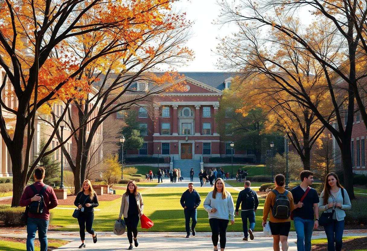 Students walking on Texas A&M University campus in autumn.