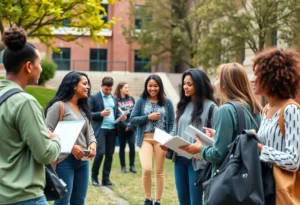 Students discussing academic policies on a university campus