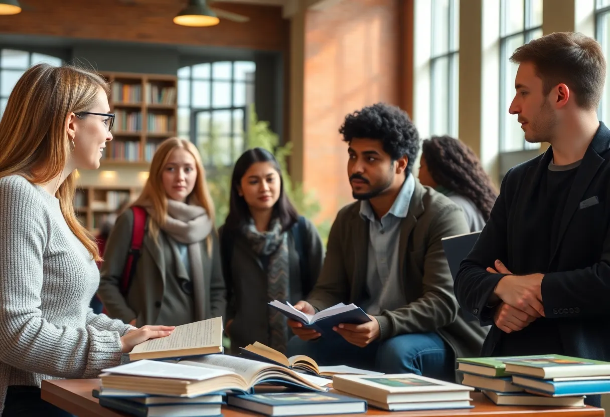 Students discussing educational materials on campus