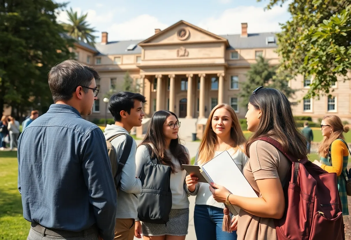 Students discussing on the Texas A&M University campus