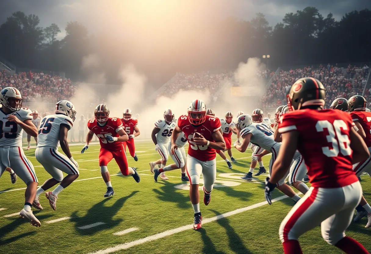 Football game action with players from Texas A&M and Notre Dame