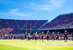 Texas A&M football players on the field at Kyle Field with fans in the stands.