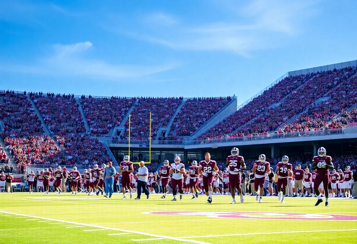 Texas A&M football players on the field at Kyle Field with fans in the stands.