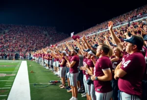 A football game atmosphere at Texas A&M with fans cheering for the team.