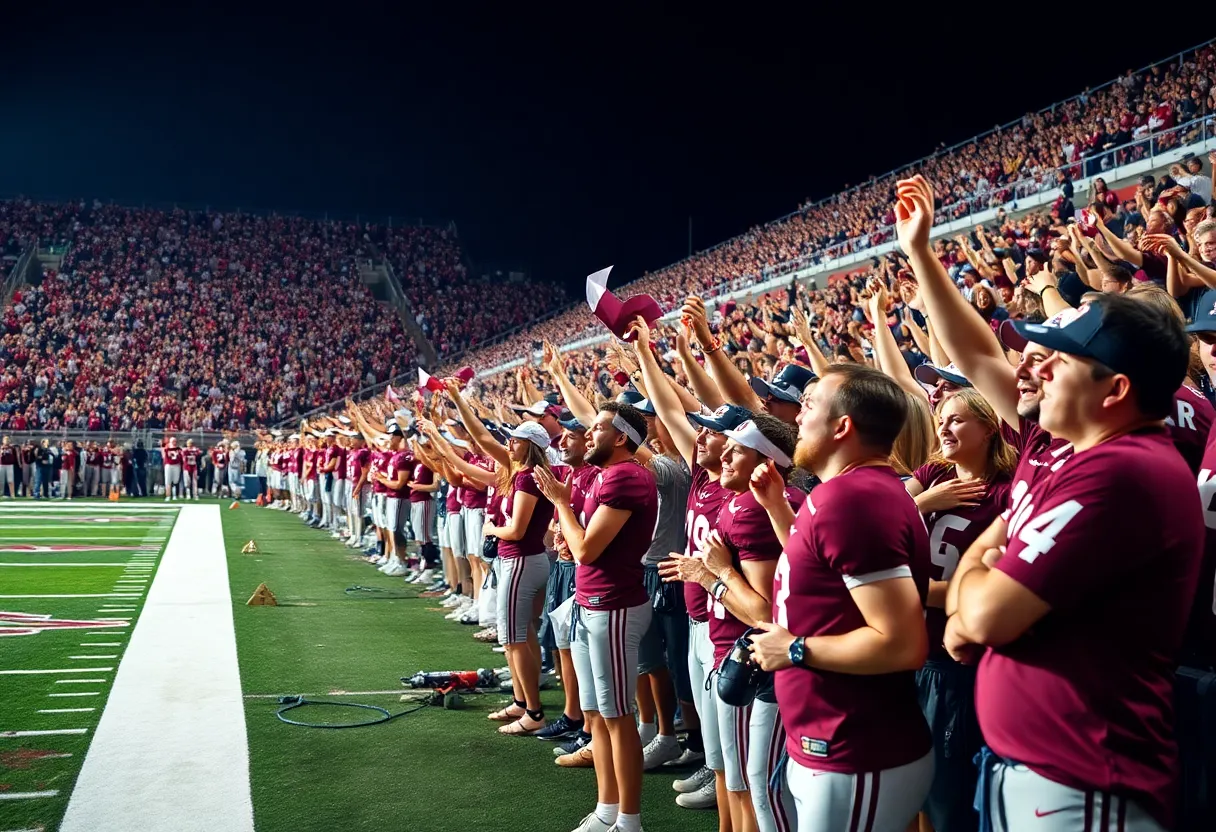 A football game atmosphere at Texas A&M with fans cheering for the team.