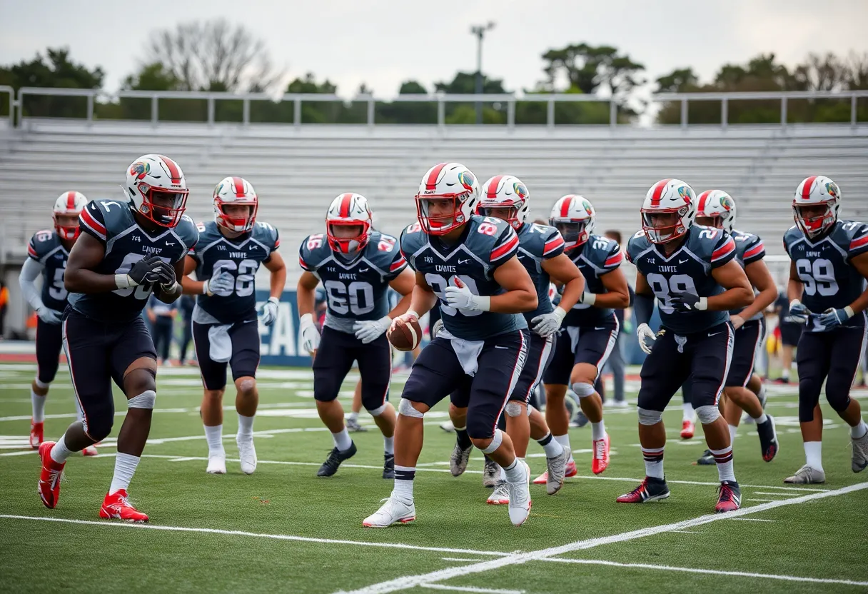 Texas A&M football players in practice.