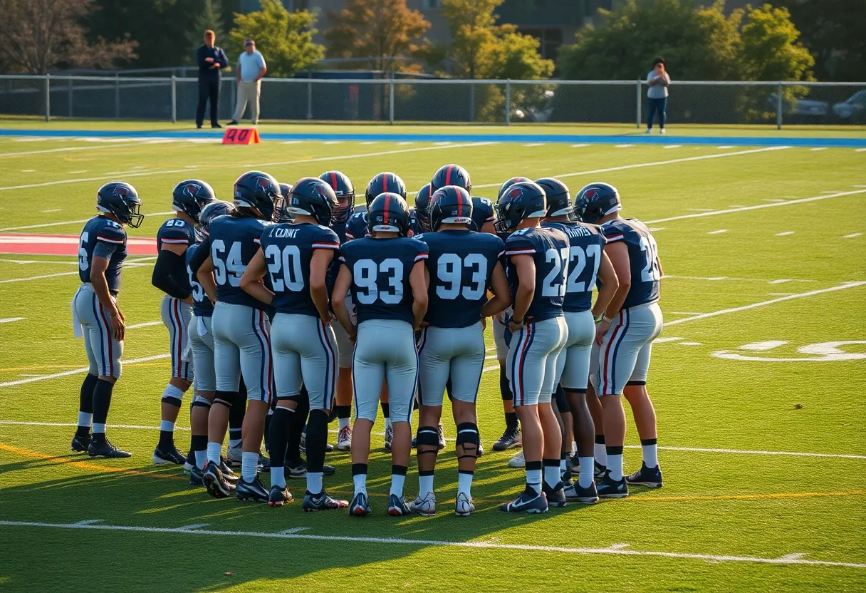 Texas A&M football team discussing strategies on field