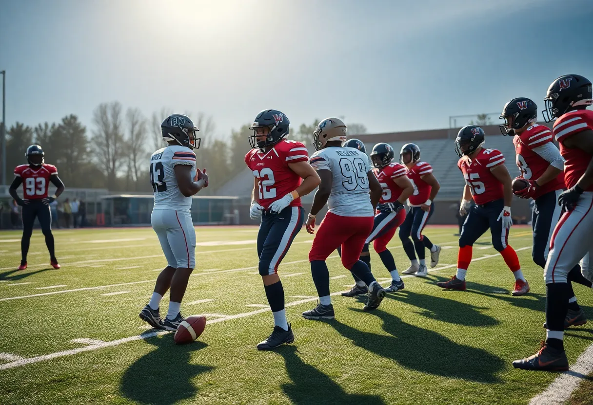 Texas A&M football players discussing strategies on the field