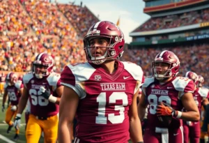 Texas A&M football players wearing throwback uniforms in a stadium
