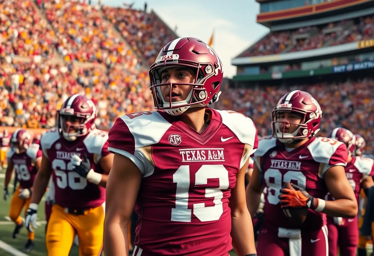Texas A&M football players wearing throwback uniforms in a stadium