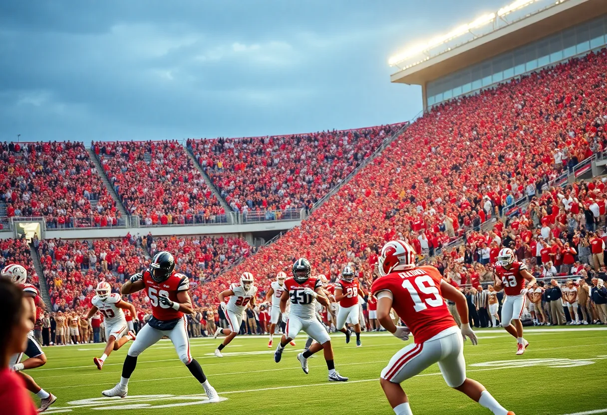 A dynamic scene of a college football game with players in motion in a stadium