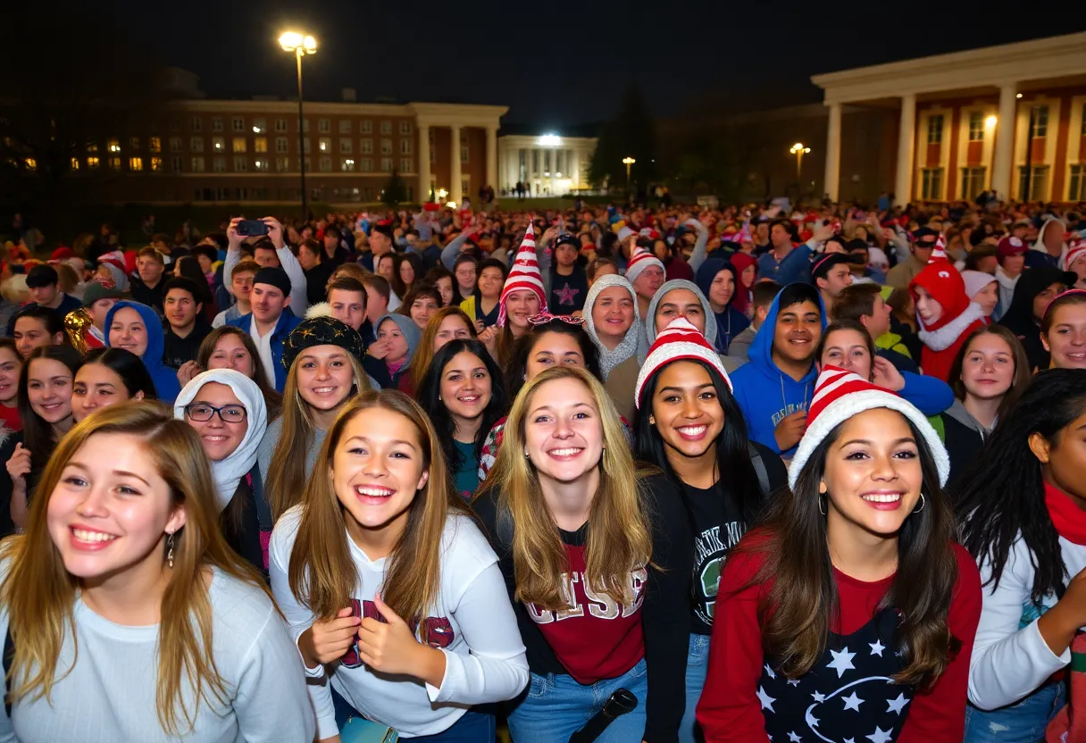 Crowd at Texas A&M Midnight Yell Practice dressed in colorful costumes