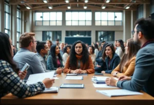 Students and faculty participating in an academic discussion at Texas A&M University.