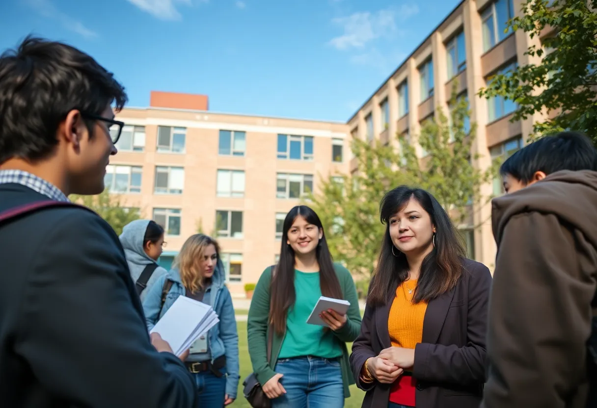 Students on Texas A&M University campus discussing educational topics