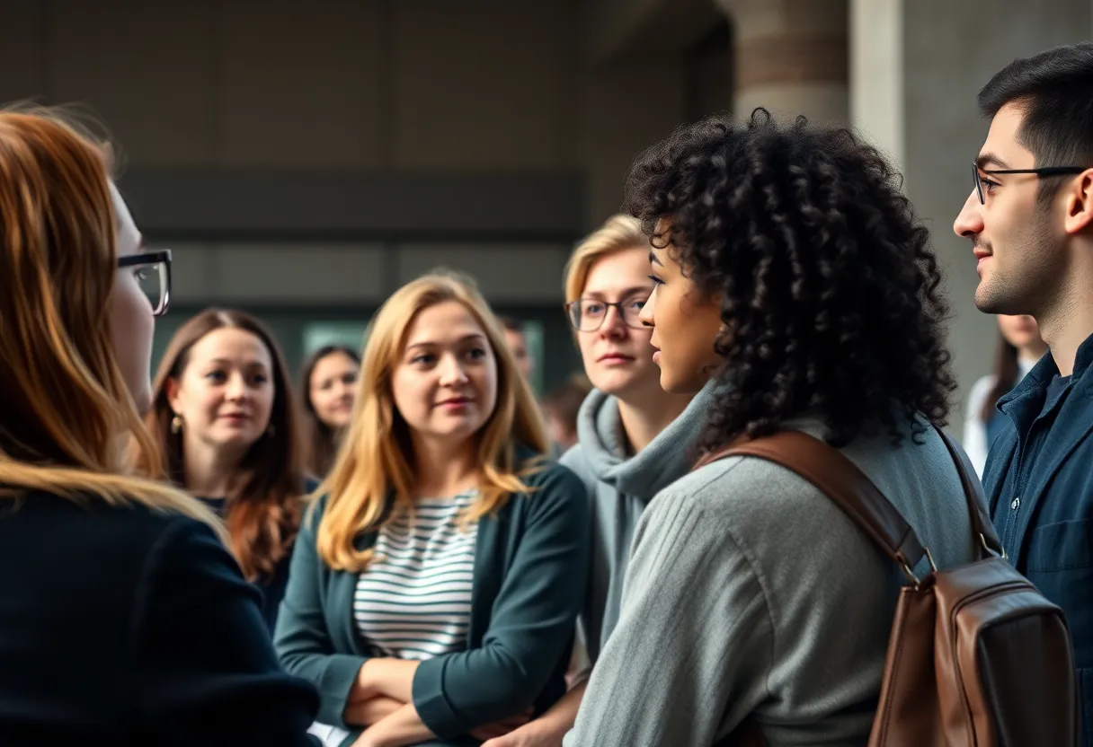 Students discussing literature in a diverse classroom environment.