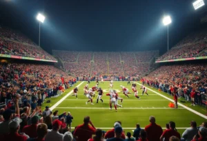 Texas A&M Aggies and Notre Dame Fighting Irish compete in a college football game.